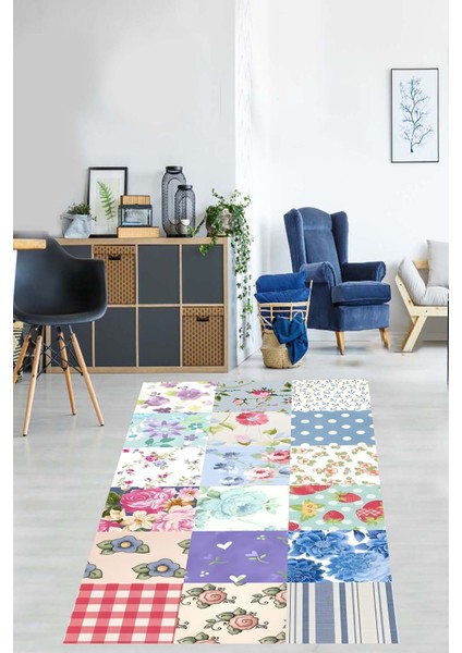 Patchwork Kırkyama Desenli Güllü Yıkanabilir Kaymaz Taban Leke Tutmaz Salon Halısı Yoluk