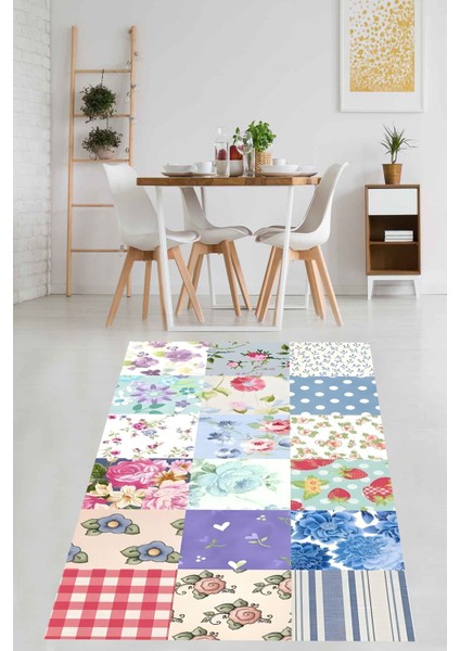 Patchwork Kırkyama Desenli Güllü Yıkanabilir Kaymaz Taban Leke Tutmaz Salon Halısı Yoluk