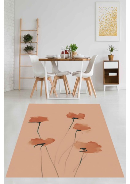 Sade Şık Minimal Gelincik Desenli Yıkanabilir Kaymaz Taban Leke Tutmaz Salon Halısı