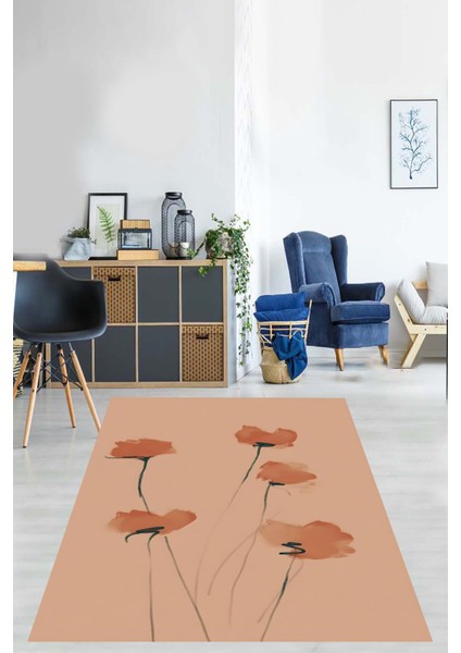 Sade Şık Minimal Gelincik Desenli Yıkanabilir Kaymaz Taban Leke Tutmaz Salon Halısı fiyatları