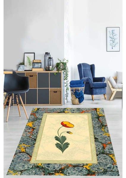 Ebru Sanatı Modern Yıkanabilir Kaymaz Taban Leke Tutmaz Salon Halısı
