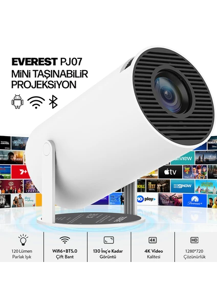 PJ07 Taşınabilir Mini Ev Sinema Projeksiyonu 1280 * 720P Android + Bt+ Wifi Akıllı Projeksiyon Cihazı Hd