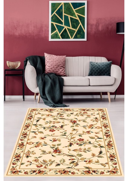 Bej Zemin Çiçek Desenli Retro Yıkanabilir Kaymaz Taban Leke Tutmaz Salon Halısı