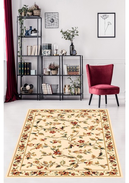 Bej Zemin Çiçek Desenli Retro Yıkanabilir Kaymaz Taban Leke Tutmaz Salon Halısı fiyatları