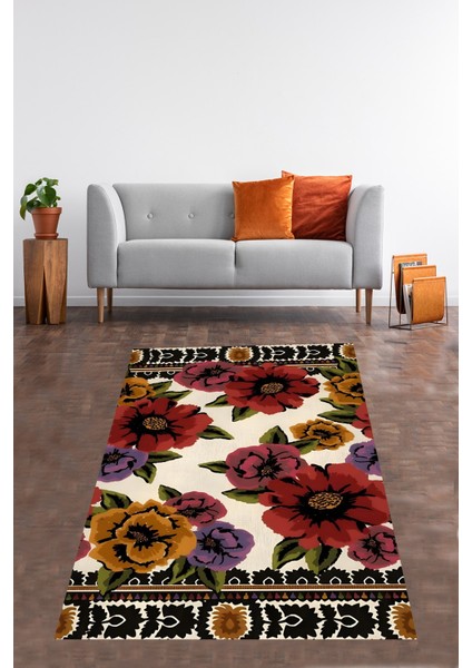 Çiçek Desenli Çerçeveli Modern Yıkanabilir Kaymaz Taban Leke Tutmaz Salon Halısı Yoluk