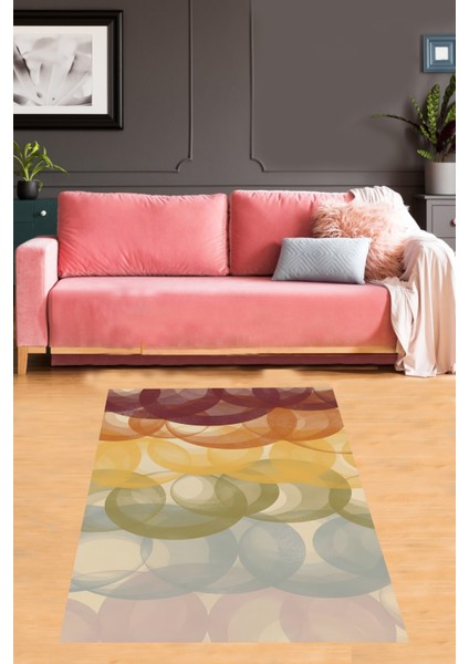 Renkli Daire Desenli Yıkanabilir Kaymaz Taban Leke Tutmaz Salon Halısı