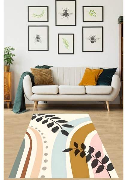 Bohem Minimalist Yaprak Desenli Yıkanabilir Kaymaz Taban Leke Tutmaz Salon Halısı
