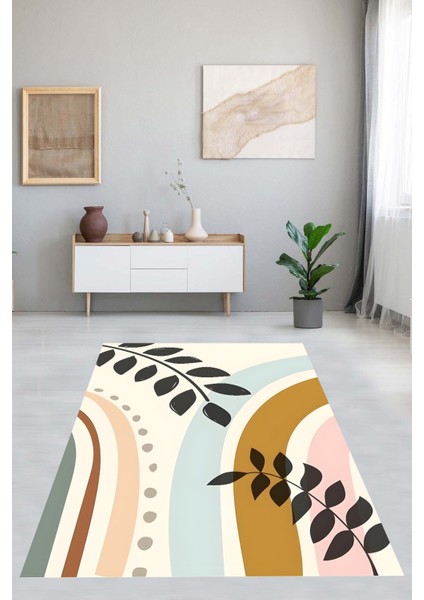 Bohem Minimalist Yaprak Desenli Yıkanabilir Kaymaz Taban Leke Tutmaz Salon Halısı
