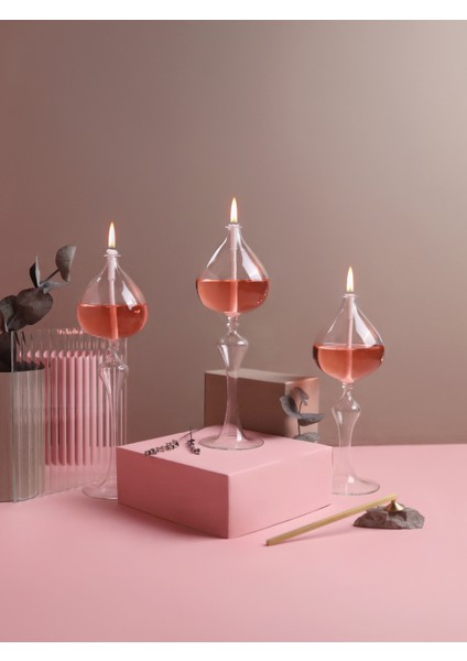 Serenity Rose cam Kandil Seti (3 Adet Cam Kandil - 200 ml Kandil Yağı - 3 Adet Kandil Fitili )