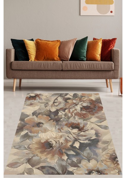 Vintage Gül Çiçek Modern Yıkanabilir Kaymaz Taban Leke Tutmaz Salon Halısı