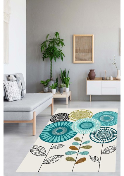 Bej Zemin Üzerine Turkuaz Çiçek Desen Kreatif Modern Yıkanabilir Kaymaz Taban Leke Tutmaz Salon Halısı Yolluk