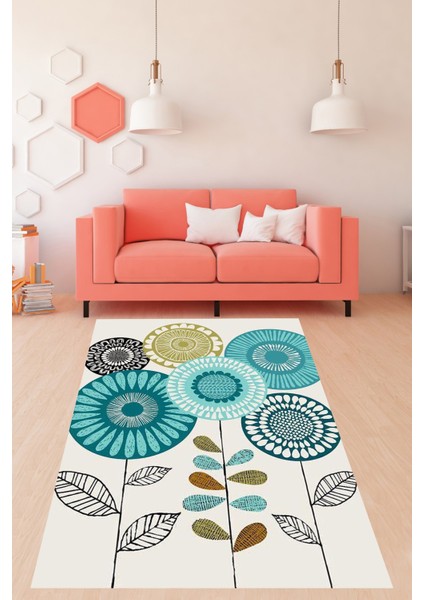 Bej Zemin Üzerine Turkuaz Çiçek Desen Kreatif Modern Yıkanabilir Kaymaz Taban Leke Tutmaz Salon Halısı Yolluk fiyatları