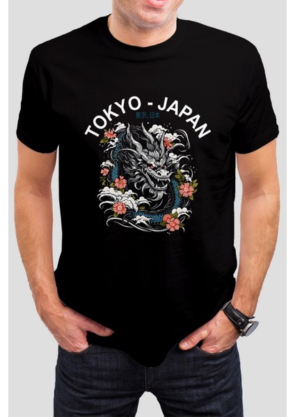 Tokyo Japan Ejderha Baskılı Siyah Unisex Tişört C536