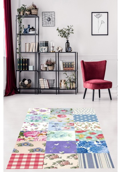 Patchwork Kırkyama Desen Çiçekli Yıkanabilir Kaymaz Taban Leke Tutmaz Salon Halısı Yolluk