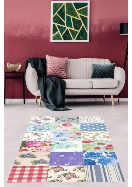 Patchwork Kırkyama Desen Çiçekli Yıkanabilir Kaymaz Taban Leke Tutmaz Salon Halısı Yolluk