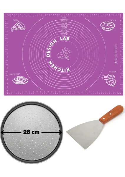 Mor Hamur Açma Matı 45 x 65 Cm, 28 cm Pizza Tepsisi ve Ahşap Uzun Saplı Hamur ve Pizza Kesici