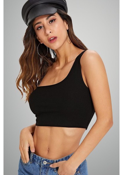 Kadın Siyah Tek Omuz Fitted Slim Crop Büstiyer