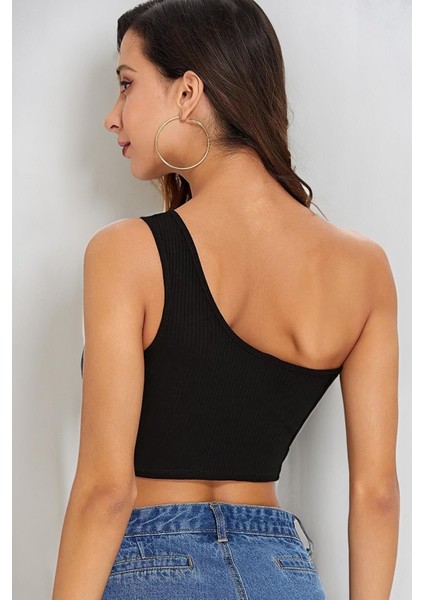 Kadın Siyah Tek Omuz Fitted Slim Crop Büstiyer modelleri