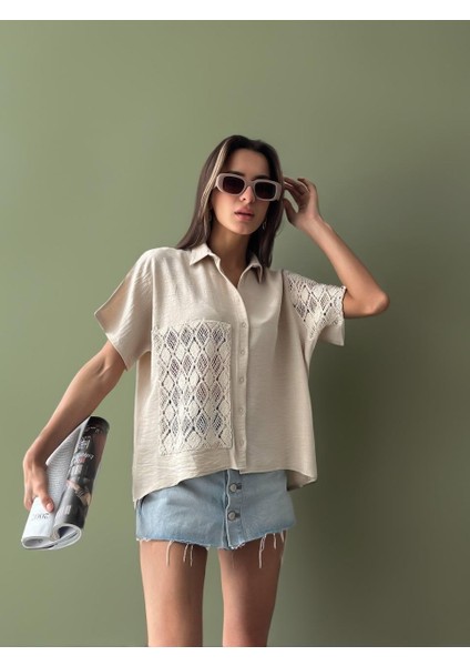 Kadın Keten Oversize Krem Dantel Detay Kısa Kollu Gömlek