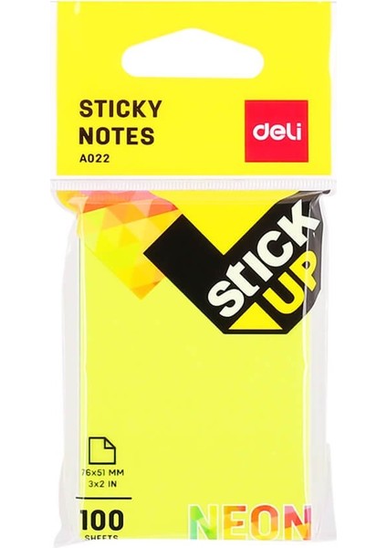 Sticky Notes Yapışkanlı Not Kağıdı 76 x 51 mm Neon 100 Sayfa A02202