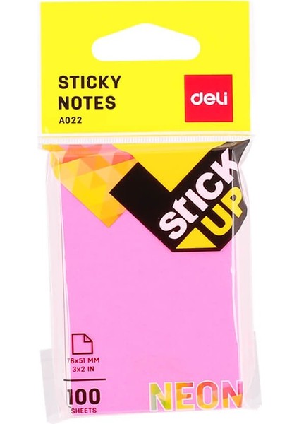 Sticky Notes Yapışkanlı Not Kağıdı 76 x 51 mm Neon 100 Sayfa A02202