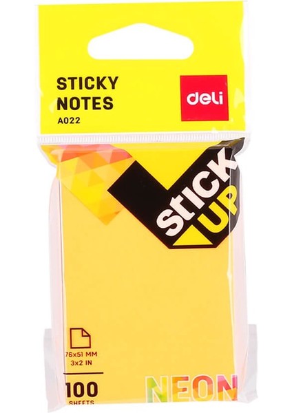 Sticky Notes Yapışkanlı Not Kağıdı 76 x 51 mm Neon 100 Sayfa A02202