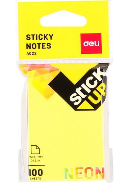 Sticky Notes Yapışkanlı Not Kağıdı 76 x 51 mm Neon 100 Sayfa A02202