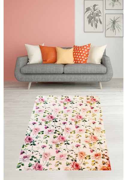Vintage Pembe Gül Buketleri Desenli Yıkanabilir Kaymaz Taban Leke Tutmaz Salon Halısı Yoluk