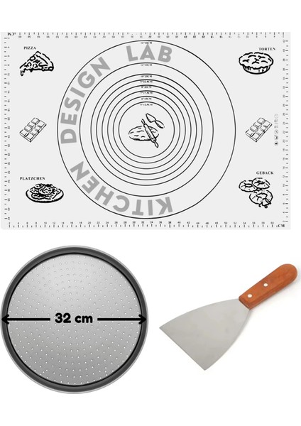 Beyaz Hamur Açma Matı 45 x 65 Cm, 32 cm Pizza Tepsisi ve Ahşap Uzun Saplı Hamur ve Pizza Kesici