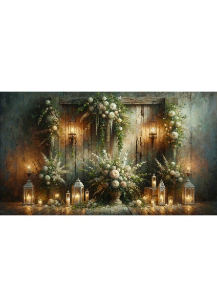 Vintage Bahçe Duvarı Temalı Arkaplan Çiçek ve Fener Süslemeleri ile 200 x 150 cm Fon Duvar Örtüsü