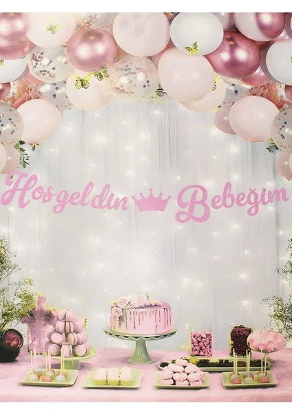 Parti Adresi Hoş Geldin Bebeğim Yazılı Kaligrafi Banner Pembe