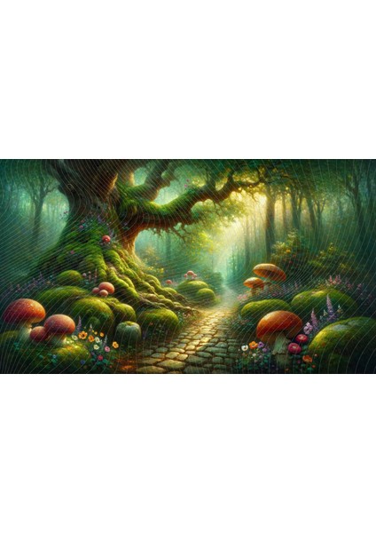 Büyülü Orman Temalı Arkaplan Dev Mantarlar ve Çiçekler ile 200 x 150 cm Fon Duvar Örtüsü