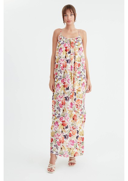 Ip Askılı Çiçekli Uzun Elbise