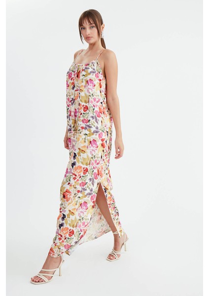 Ip Askılı Çiçekli Uzun Elbise modelleri