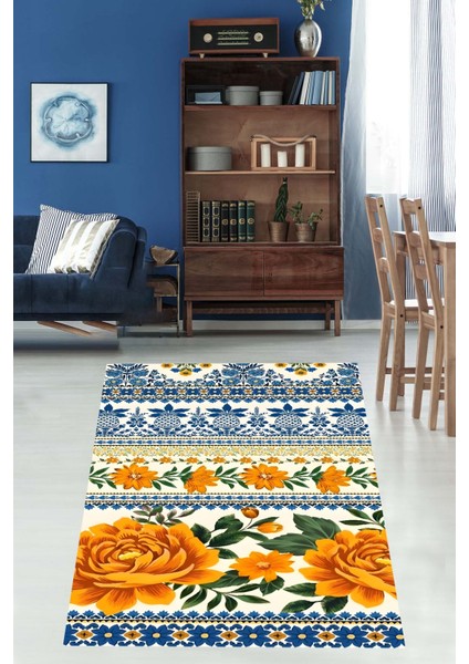Sarı Gül ve Ananas Desen Çini Tema Yıkanabilir Kaymaz Taban Leke Tutmaz Salon Halısı Yoluk fiyatları