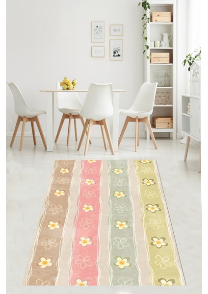 Pastel Renk Bloklu Papatya Dökümlü Yıkanabilir Kaymaz Taban Leke Tutmaz Salon Halısı Yoluk