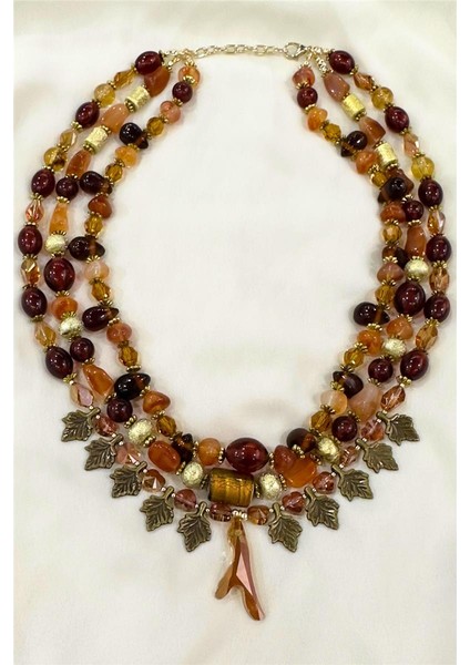 Tasarım 3 Sıra Kemik Doğaltaşlı Yaprak Tarz Kolye