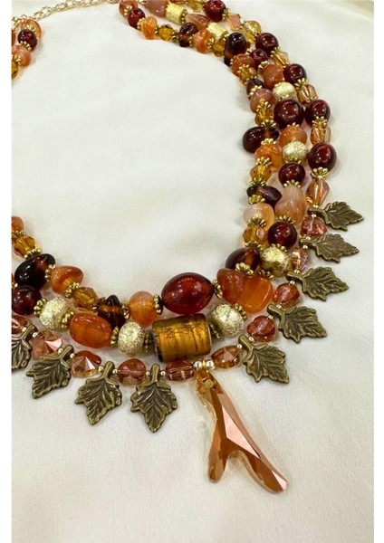 Tasarım 3 Sıra Kemik Doğaltaşlı Yaprak Tarz Kolye fiyatları