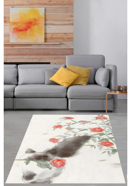 Sevimli Kedi Desen Yıkanabilir Kaymaz Taban Leke Tutmaz Salon Halısı