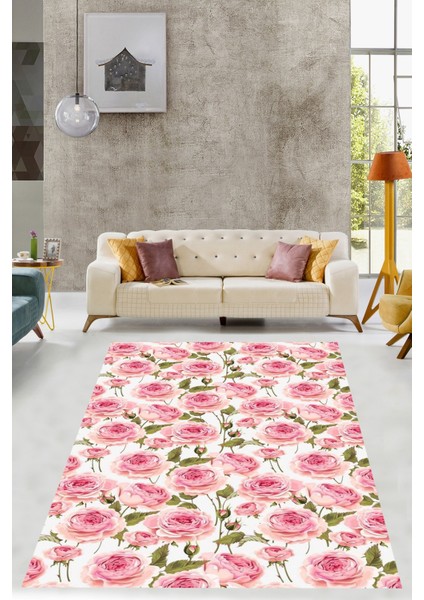 Pembe Zeminde Gül Motifli Floral Desenli Yıkanabilir Kaymaz Taban Leke Tutmaz Salon Halısı Yolluk