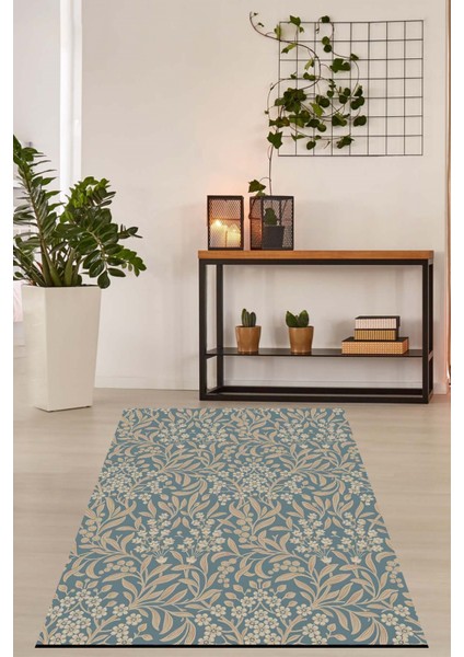 Minimal Çiçek Desen Yıkanabilir Kaymaz Taban Leke Tutmaz Salon Halısı