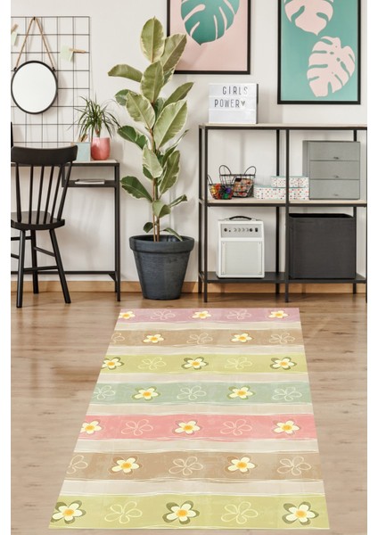 Pastel Renk Bloklu Papatya Dökümlü Yıkanabilir Kaymaz Taban Leke Tutmaz Salon Halısı Yoluk