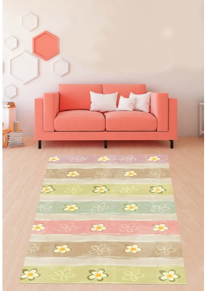 Pastel Renk Bloklu Papatya Dökümlü Yıkanabilir Kaymaz Taban Leke Tutmaz Salon Halısı Yoluk fiyatları