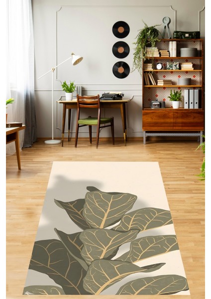 Krem Rengi Zemin Yaprak Desenli Yıkanabilir Kaymaz Taban Leke Tutmaz Salon Halısı