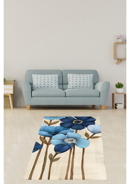 Kremrengi Zemin Mavi Çiçek Desen Yıkanabilir Kaymaz Taban Leke Tutmaz Salon Halısı