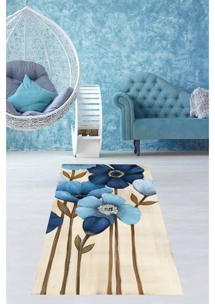 Kremrengi Zemin Mavi Çiçek Desen Yıkanabilir Kaymaz Taban Leke Tutmaz Salon Halısı fiyatları