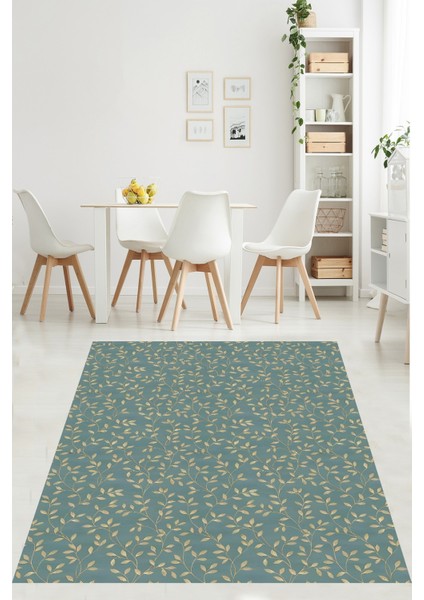 Yeşil Yaprak Desenli Modern Yıkanabilir Kaymaz Taban Leke Tutmaz Salon Halısı