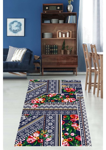 Etnik ve Geometrik Desenli Güllü Yıkanabilir Kaymaz Taban Leke Tutmaz Salon Halısı Yoluk