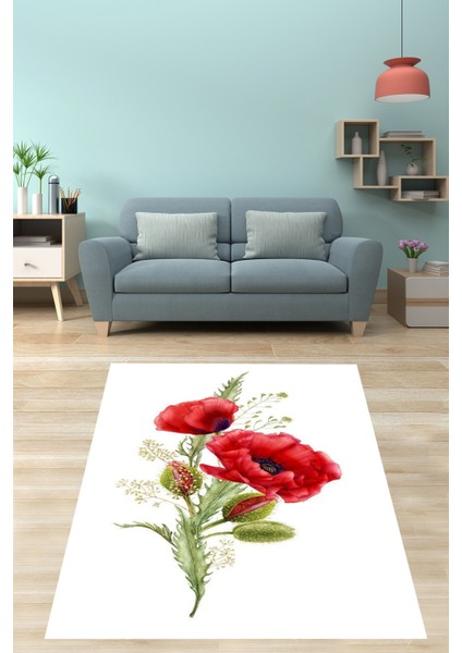 Beyaz Zemin Üzerine Gelincik Çiçeği Desenli Yıkanabilir Kaymaz Taban Leke Tutmaz Salon Halısı Yolluk