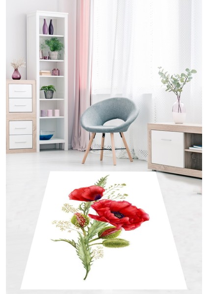 Beyaz Zemin Üzerine Gelincik Çiçeği Desenli Yıkanabilir Kaymaz Taban Leke Tutmaz Salon Halısı Yolluk fiyatları